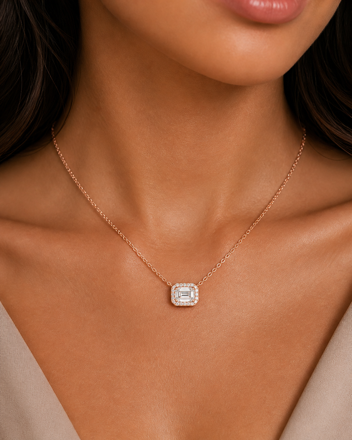 Emerald Cut Halo Diamond Pendant Necklace