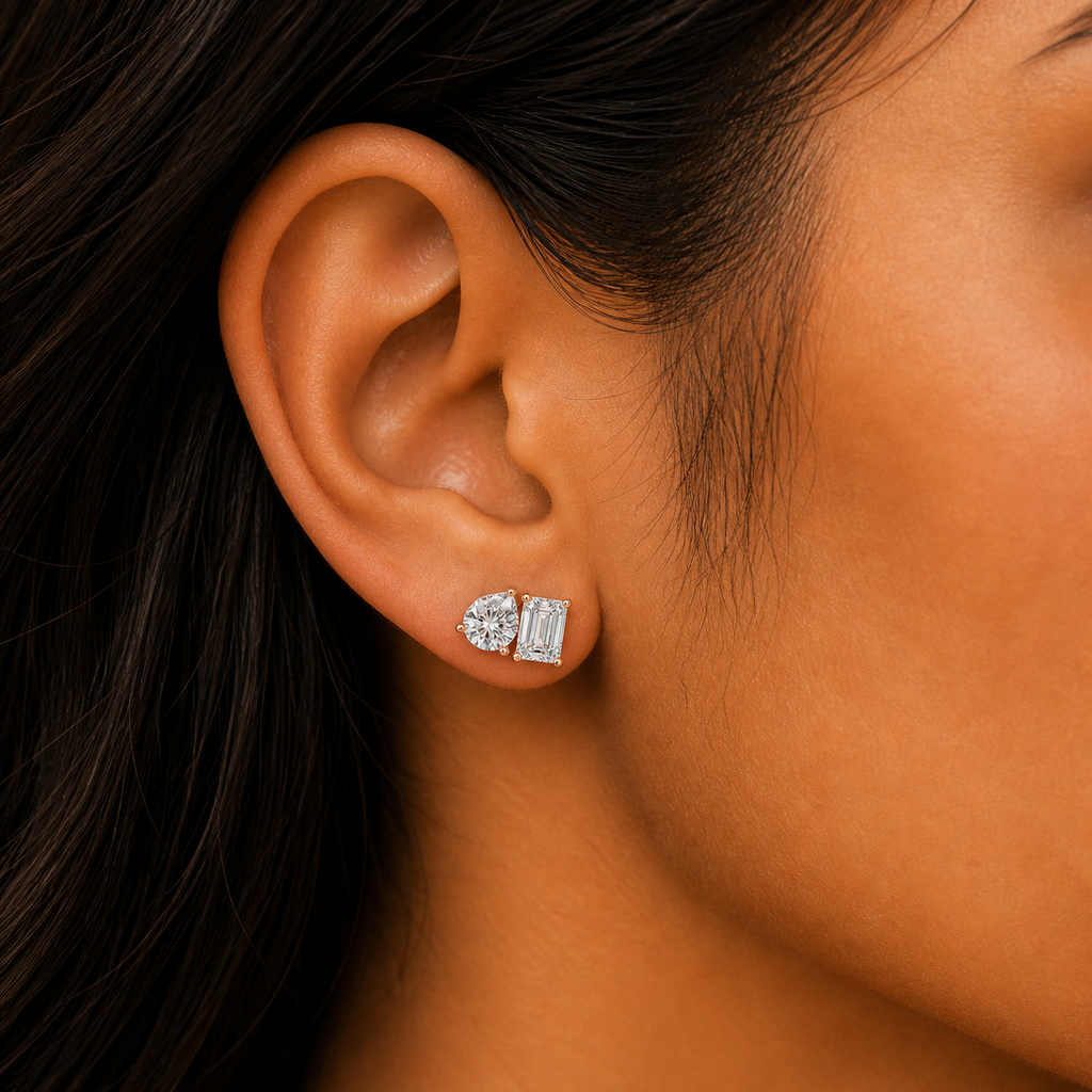 Pear & Emerald Cut Duo Stud Earrings