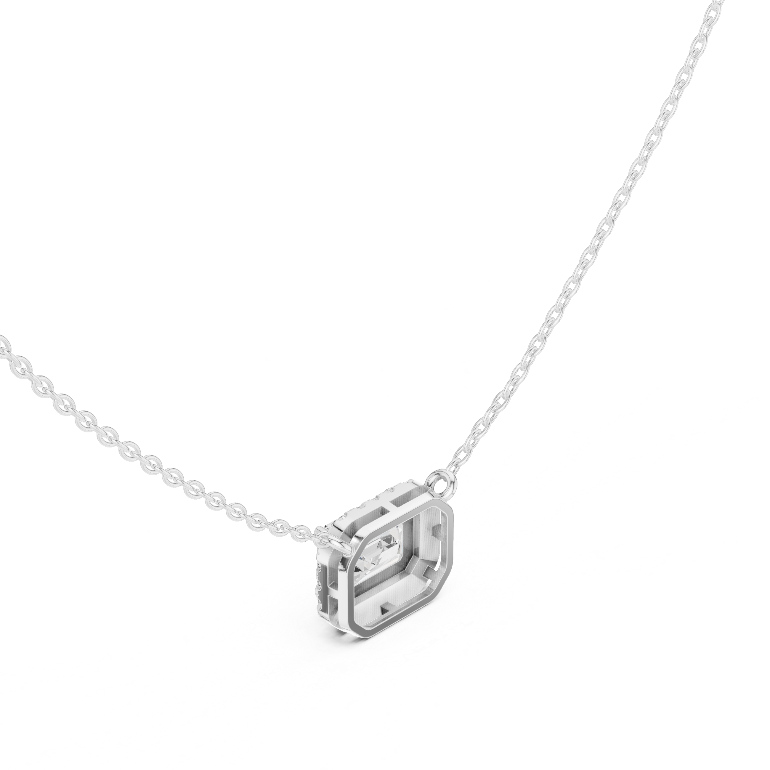 Emerald Cut Halo Diamond Pendant Necklace