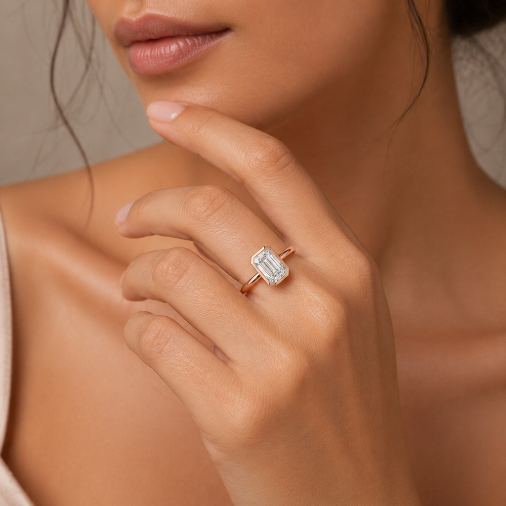 Emerald Cut Lab Diamond Ring, Minimalist Bezel Solitaire