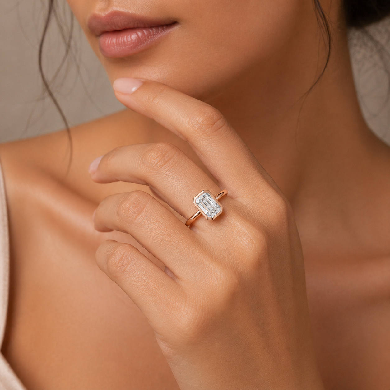 Emerald Cut Lab Diamond Ring, Minimalist Bezel Solitaire