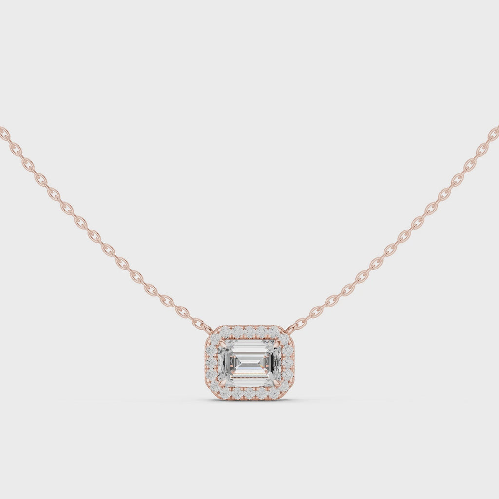 Emerald Cut Halo Diamond Pendant Necklace